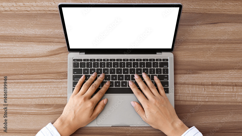 Poster Doing Project. Above close up view of girl typing on laptop keyboard with responsive white blank screen, mock up