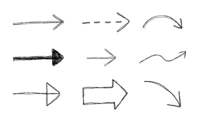 様々な直線矢印の手描き線画アイコン 複数の線が重なったモノクロのベクターイラストセット