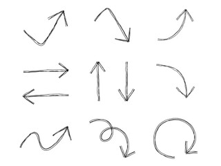様々な形の矢印の手描き線画アイコン 複数の線が重なったモノクロのベクターイラストセット