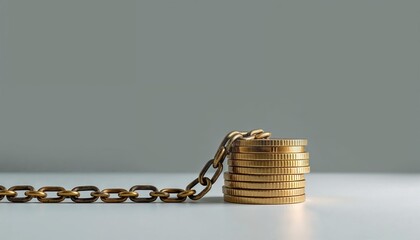 Economic Dependency Symbolized by Stacked Coins Bound by a Chain on Neutral Background for Financial Blogs, Business Websites, Economic Articles, and Awareness Content  