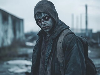 Zombie in post-apocalyptic city with moody overcast light and negative space on right