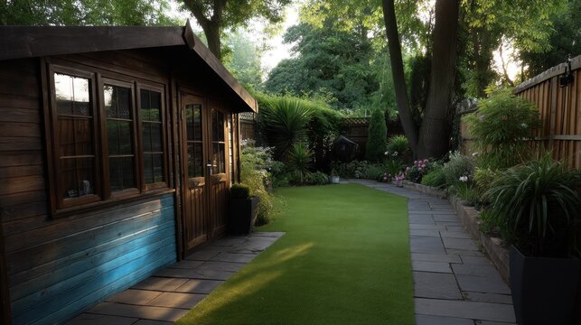 A general view of a back garden with artificial grass, grey paving slab patio, flower bed with plants, timber fences, blue shed, summer house garden timber outbuilding  