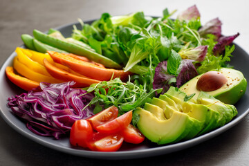 Fresh vegetable platter with colorful greens and ripe avocado served on a black plate at a healthy dining setting