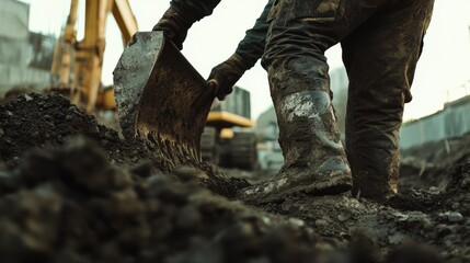 Construction worker operating a bulldozer at a construction site. Featuring heavy machinery use