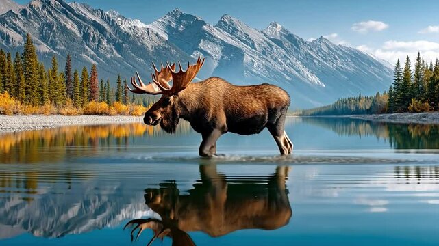 Majestic Moose in Serene Waters: A magnificent moose, with its impressive antlers, confidently strides through tranquil water.