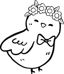 Cute little Bird with flower crown Outline Cartoon Hand Drawn