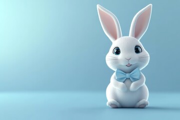 Obraz premium A cute white bunny with a blue bow tie sits against a light blue background in a studio setting