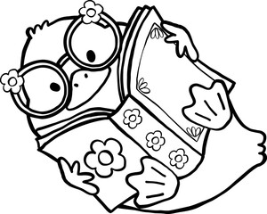 Cute Duck Reading Outline Cartoon Hand Drawn