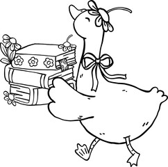 Cute Spring Goose Carring Book Outline Cartoon Hand Drawn