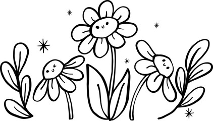 Cute Flower field Outline Cartoon Hand Drawn