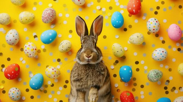 Cute rabbit among colorful Easter eggs on bright yellow background creates festive atmosphere for spring celebrations, evoking joy and celebration in every frame.