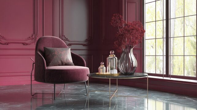 A room reception or living hall with an armchair. Deep burgundy marsala red color. Dark wine velvet maroon and light floor 