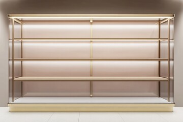 Illuminated display case with glass sides and gold frame and shelves in a minimalist style room