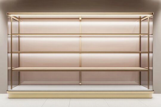 Illuminated display case with glass sides and gold frame and shelves in a minimalist style room