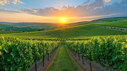 Fototapeta premium Sunrise over vineyard rows, idyllic landscape
