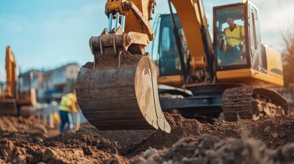 Fototapeta premium Construction worker operating an excavator at a construction site. Featuring heavy machinery and earthmoving