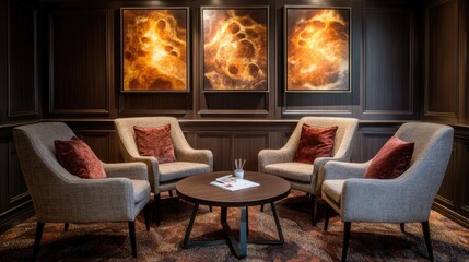 Fototapeta premium Cozy office corner featuring armchairs, a coffee table, and wall art under warm ambient lighting