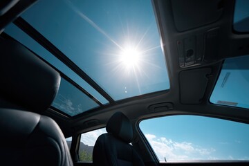 A clear blue sky visible through the open sunroof of a car, inviting adventure.