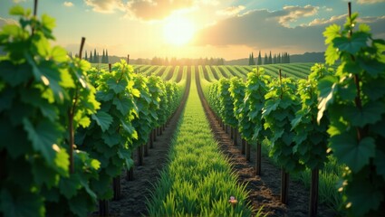Naklejka premium A beautiful vineyard at sunset, with rows of lush grapevines stretching out across the field, bathed in soft golden light. Generative, AI,