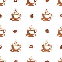 Coffee beans and cups seamless pattern. Vector watercolor coffee background