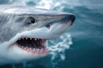 Naklejka premium A detailed view of a shark showcasing its sharp, formidable teeth.