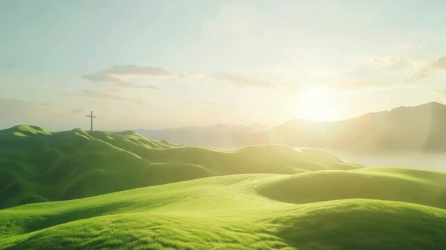 Serene outdoor scenery of rolling green hills at sunrise, with cross in distance symbolizing peace and hope, creating tranquil and peaceful atmosphere in nature.