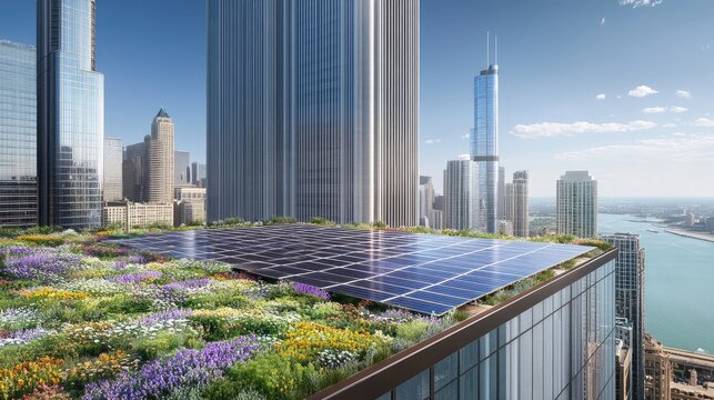 Rooftop garden with solar panels integrated into green building architecture