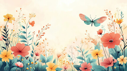 Background and banner decorated with pastel colors blooming flowers and leaves. Spring, Easter, Summer theme with dragonfly, butterfly and bee. Flat folk geometric style