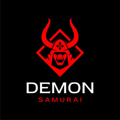 Demon Samurai Mask Logo. Red Japanese Oni Warrior Helmet for Gaming, Martial Arts, or Streetwear Brand