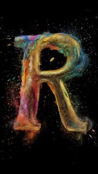 letter R 3D Gold art with color cloud and powder explosion background, Seamless Animation Video Background in 4K Resolution
