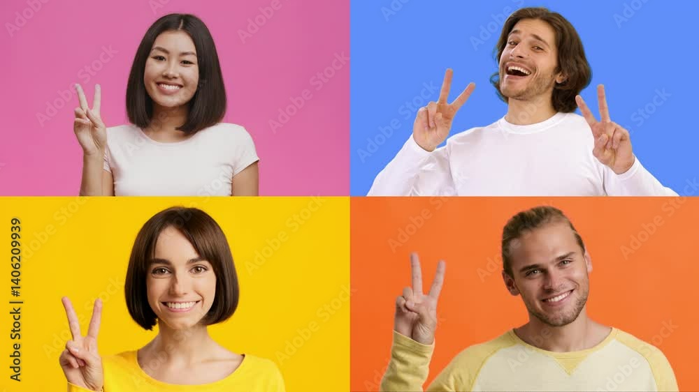 Poster A collection of diverse individuals displaying happy expressions while making the V gesture. Each person stands against bright, colorful backgrounds, celebrating success together.