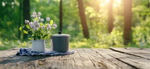 Flowers in pitcher with pot on wooden table in sunny forest scene