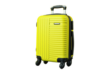 A vibrant yellow suitcase stands ready for summer travel plans, isolated on white, PNG