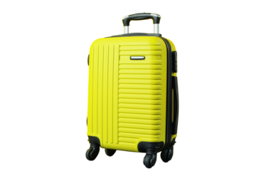 A vibrant yellow suitcase stands ready for summer travel plans, isolated on white, PNG