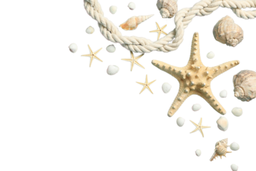 Shells and a starfish with rope evoke a beach vibe, isolated on white, PNG