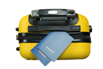 Yellow suitcase and blue passport, set for summer fun, isolated on white, PNG