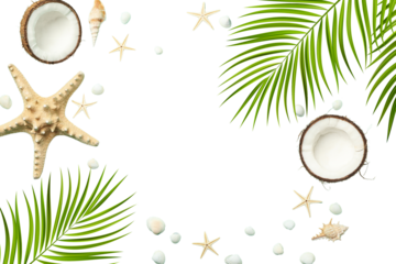 Tropical items frame a bright, warm summer travel theme, isolated on white, PNG