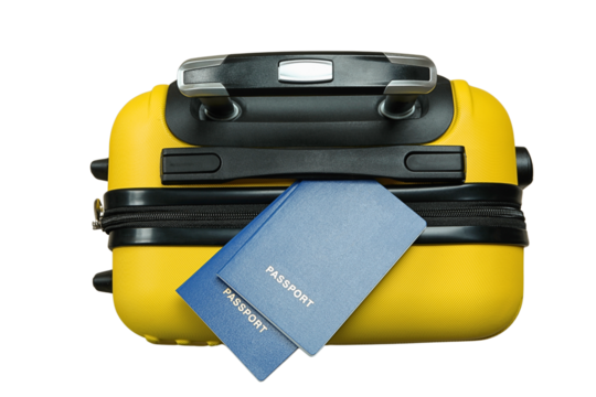 Yellow suitcase and blue passport, set for summer fun, isolated on white, PNG