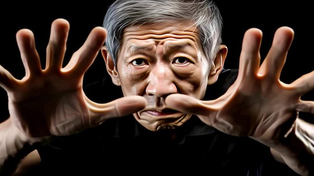 両手を前に構える怪しい動きのアジア人のシニア男性