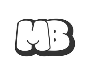 MB logo, bubble comic lettering, rounded in graffiti style black and white silhouette. Trendy preschool M and B letter text for festival party, personal initials, children funky print and web.