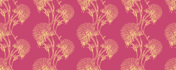 Elegant gold dandelion floral pattern on a vibrant pink background.  Perfect for textile prints, wallpaper, or website design.