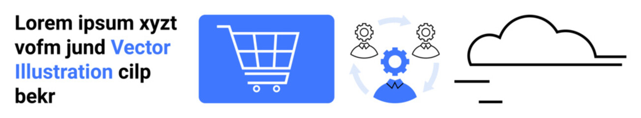 Blue shopping cart, gear for teamwork, cloud imagery for data storage. Ideal for e-commerce, cloud computing, teamwork, online business, digital solutions, collaborative tools simple landing page