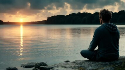 Man sits in lotus pose meditating by calm lake at sunset, peaceful mindfulness and relaxation, trees and golden sun reflected in water.