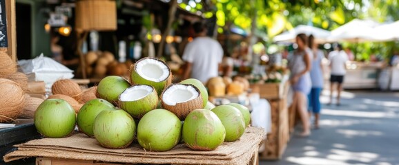 Fresh coconuts at outdoor market food drink tropical fruit