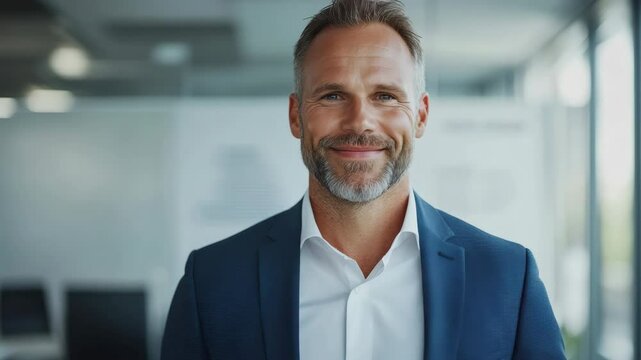 Smiling businessman modern office, confidently dressed suit, exuding professionalism and calmness.