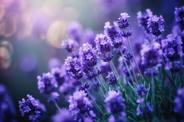 Obraz premium Close-up of vibrant purple lavender flowers in a soft, dreamy light.