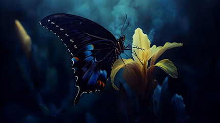 Black butterfly on yellow iris, mystical garden, nature photography, website banner