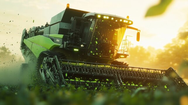 powerful combine harvester working through lush green fields,