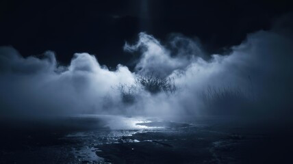 Fototapeta premium Mystical fog enveloping a desolate landscape under the moonlight.