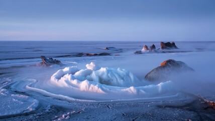 Obraz premium A serene icy landscape with blue and white hues, featuring rocks and a calm frozen sea under a soft sky.